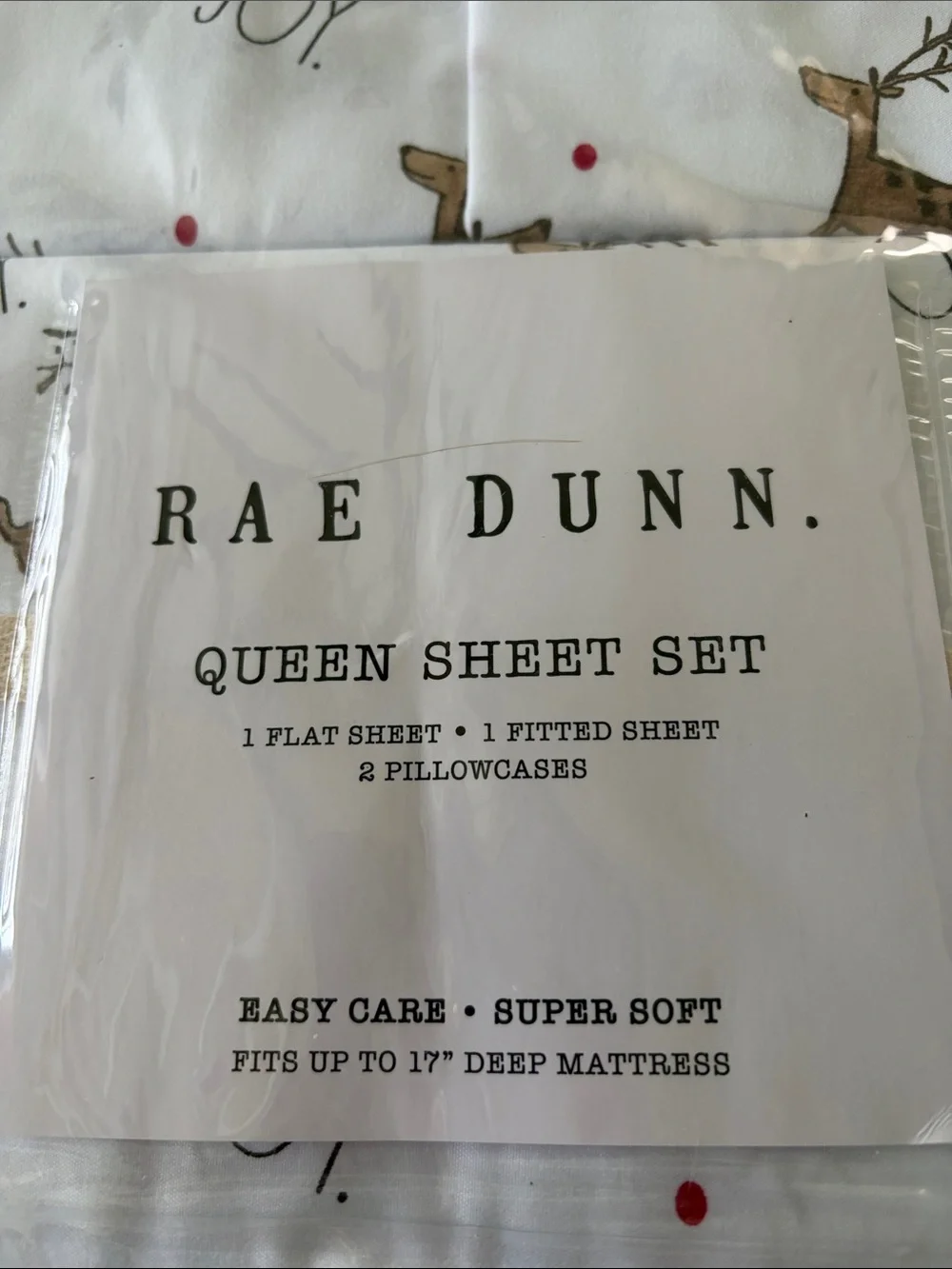 NWT. Rae Dunn White Queen Sheet Set with Reindeer.